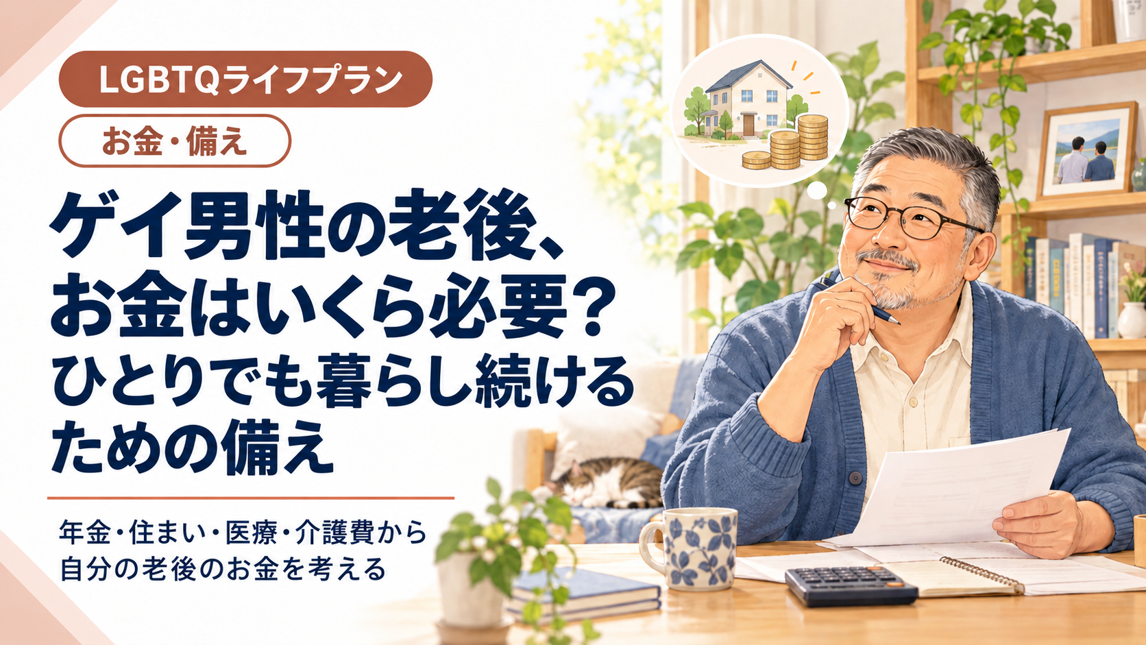年金や住まいの費用を考えながら、家計の書類を見直す中高年男性。ゲイ男性の老後資金を扱うLGBTQライフプランのアイキャッチ