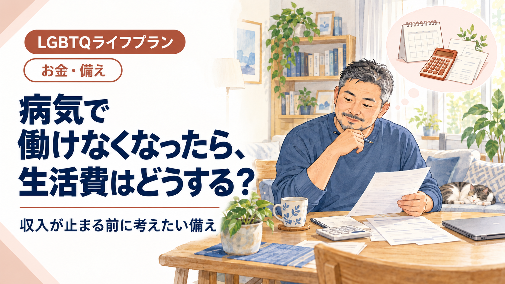 病気で働けなくなったときの生活費を考える、中年男性のイラスト