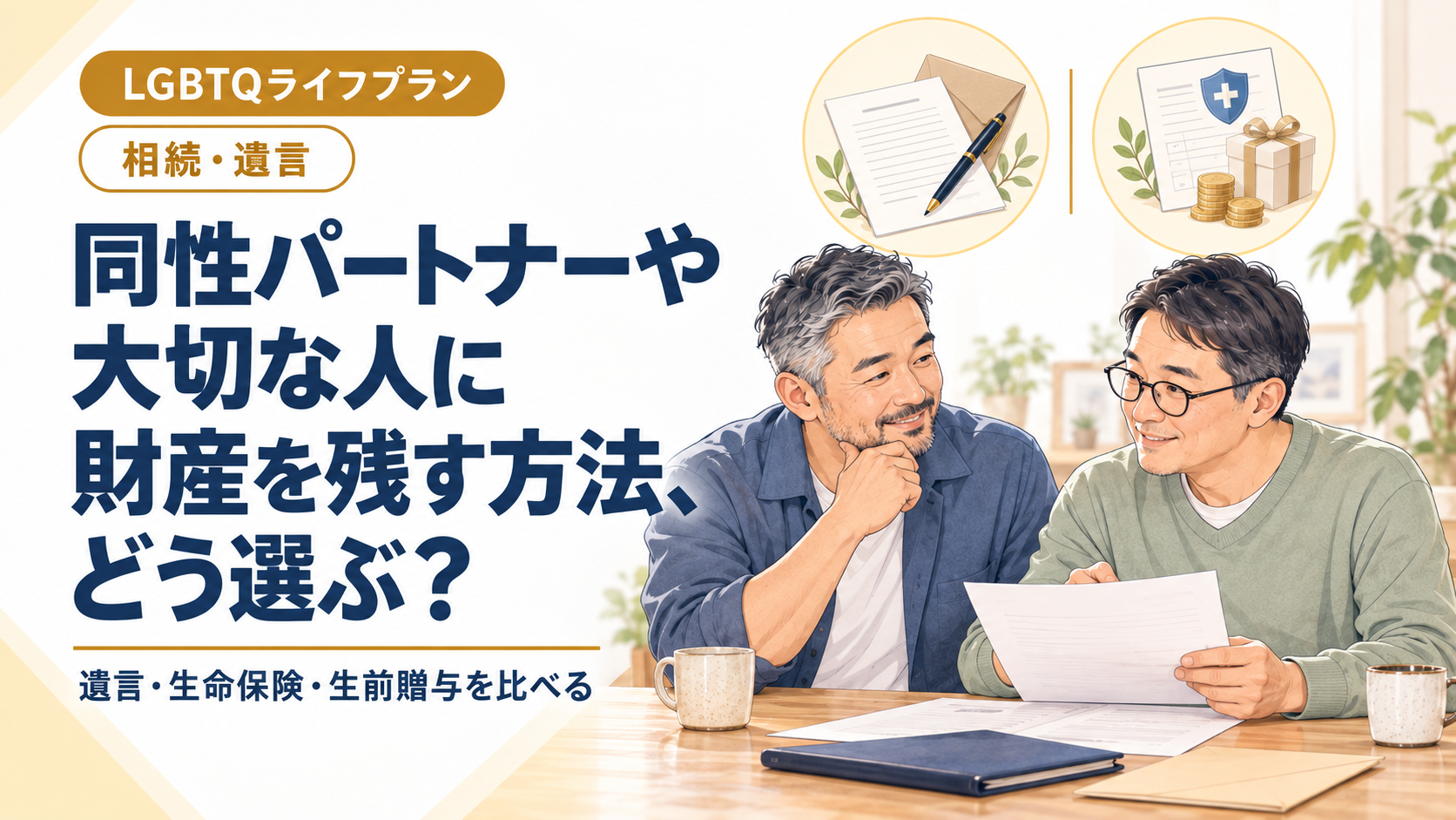 同性パートナーや大切な人に財産を残す方法、どう選ぶ？　中年の男性二人が書類を見ながら準備を考えるイラスト