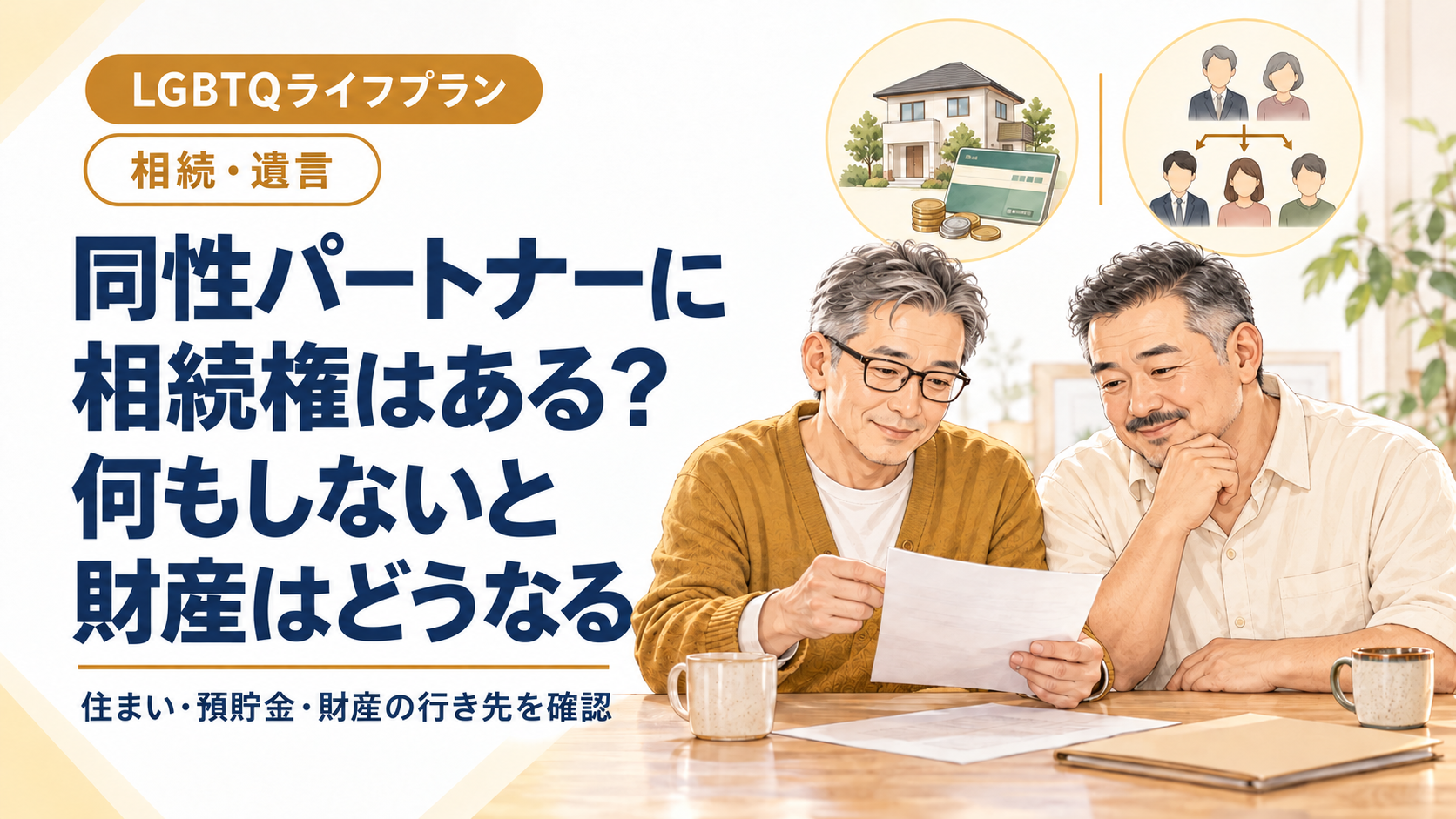 同性パートナーに相続権はある？何もしないと財産はどうなる。家と預貯金の資料を一緒に確かめる中高年の男性ふたりのイラスト。